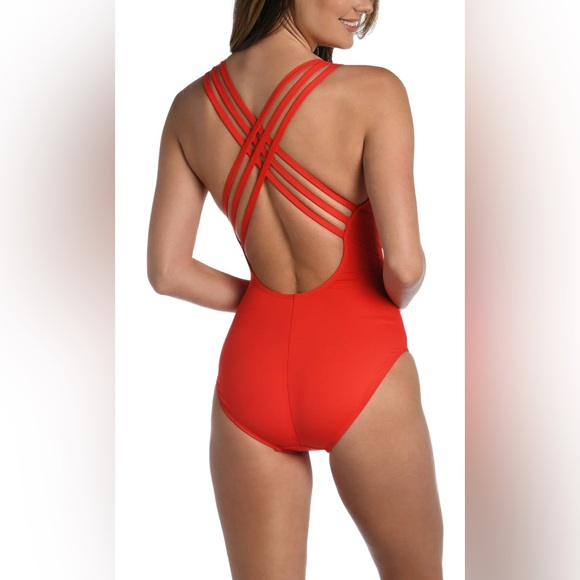 LA BLANCA Multi Strap Cross Back One Piece Cherry Red Swimsuit Size 10 New - Picture 2 of 7